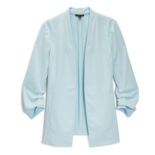 Clothing, White, Blue, Outerwear, Sleeve, Turquoise, Aqua, Collar, Jacket, Blouse,