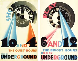 Art Deco London Underground posters 'Shop between 10 and 4' and 'Play between 6 and 12' by Edward McKnight Kauffer