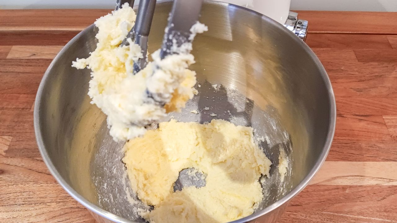 Cake batter being mixed in a Cuisinart Precision stand mixer