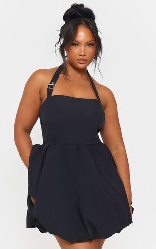 Plus Black Buckle Detail Halterneck Puffball Mini Dress