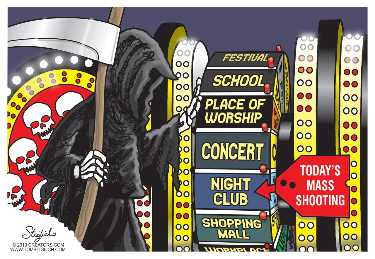 Editorial&amp;amp;nbsp;Cartoon Grim Reaper Wheel of Death Mass Shooting