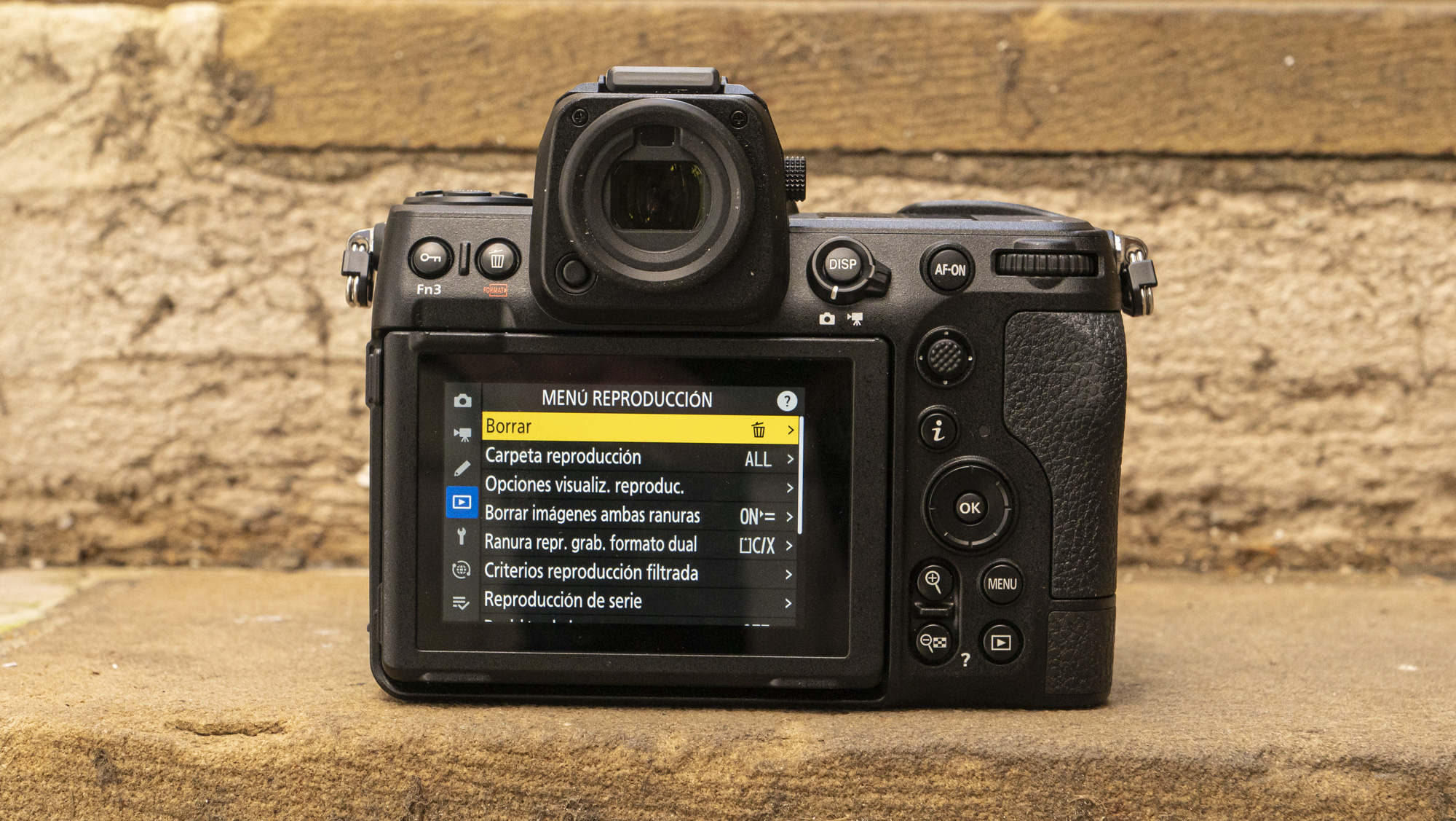 Nikon Z8 camera outside on the ground with rear screen on