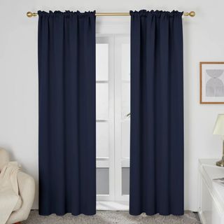 Long, blue, blackout curtains