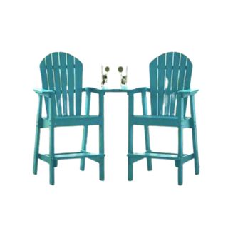 2 teal Adirondack chairs with connecting tray and umbrella hole 