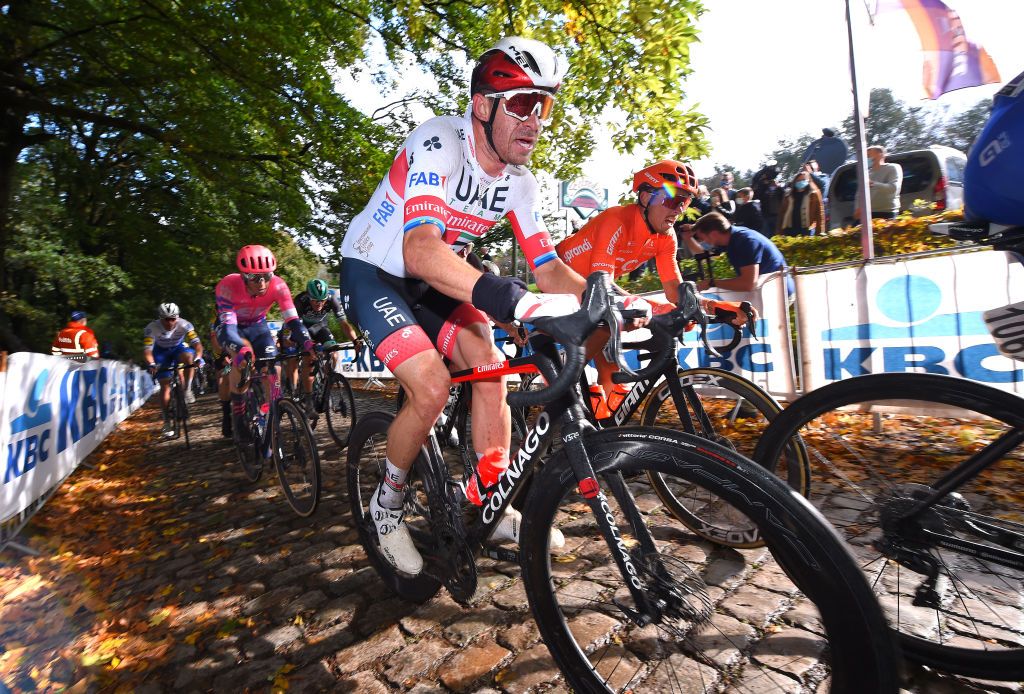 WEVELGEM BELGIUM OCTOBER 11 Alexander Kristoff of Norway and UAE Team Emirates Matteo Trentin of Italy and CCC Team Cobblestones during the 82nd GentWevelgem In Flanders Fields 2020 Men Elite a 2325km race from Ypres to Wevelgem GentWevelgem FlandersClassic on October 11 2020 in Wevelgem Belgium Photo by Luc ClaessenGetty Images