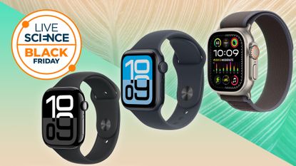 Apple watches on a beige and green background with a Livescience Black Friday badge in the upper left corner.
