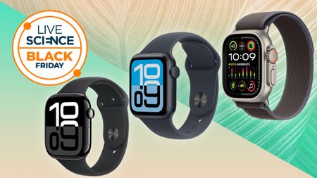 Apple watches on a beige and green background with a Livescience Black Friday badge in the upper left corner.