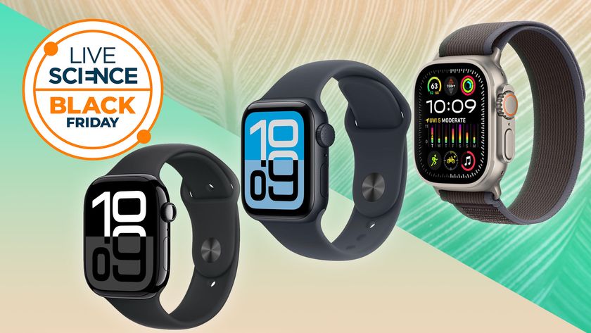 Apple watches on a beige and green background with a Livescience Black Friday badge in the upper left corner.