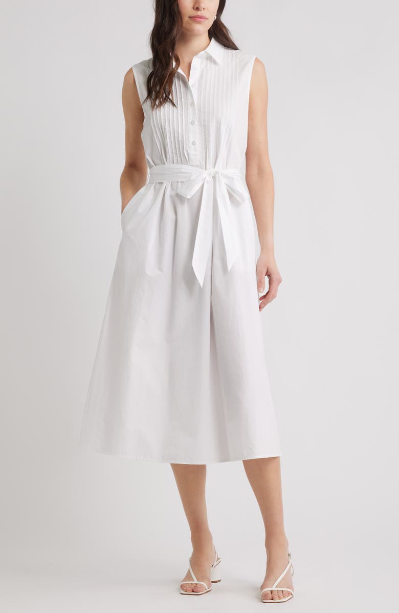 Pintuck Sleeveless Cotton Poplin Shirtdress