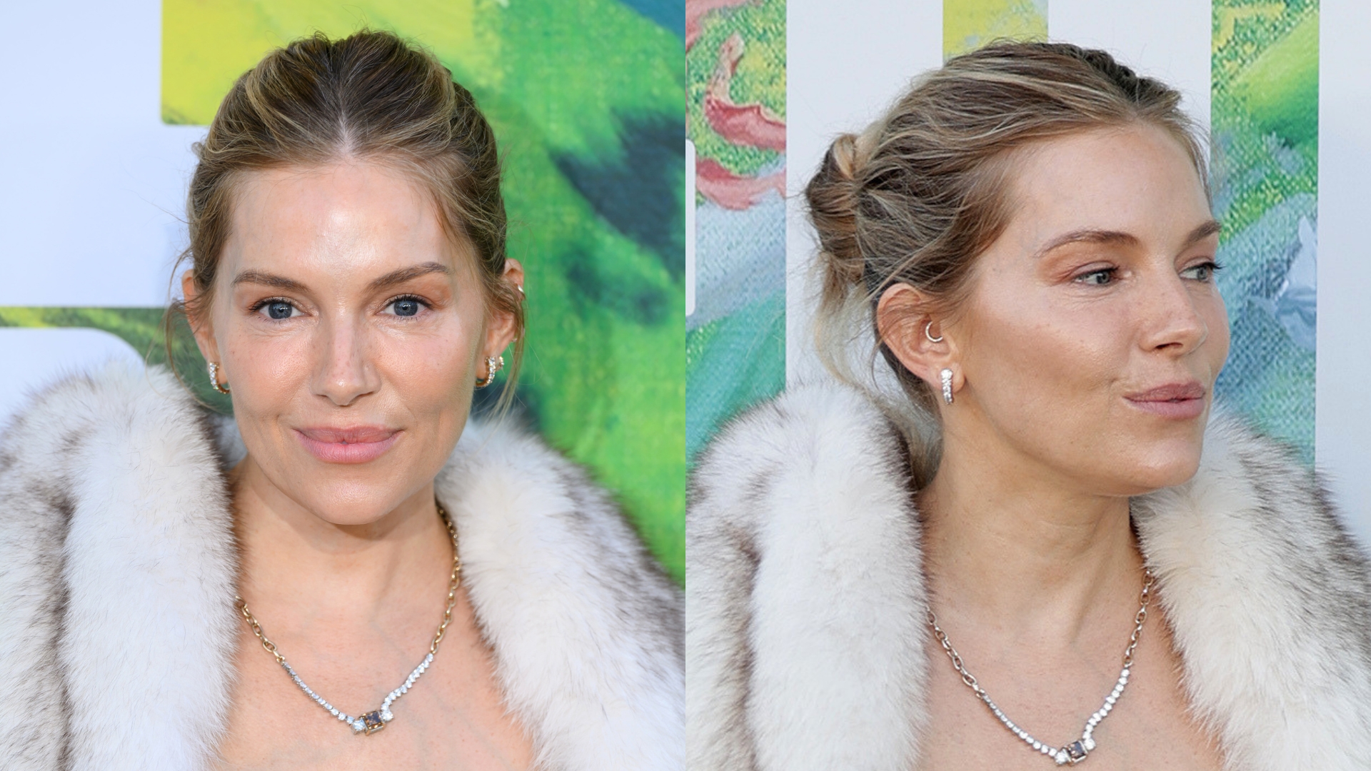 Sienna Miller pictured at the Serpentine Summer Party 2026 smiling with hair in a low bun and wearing a fur trim jacket (L) and Sienna Miller's ballerina bun pictured from the side