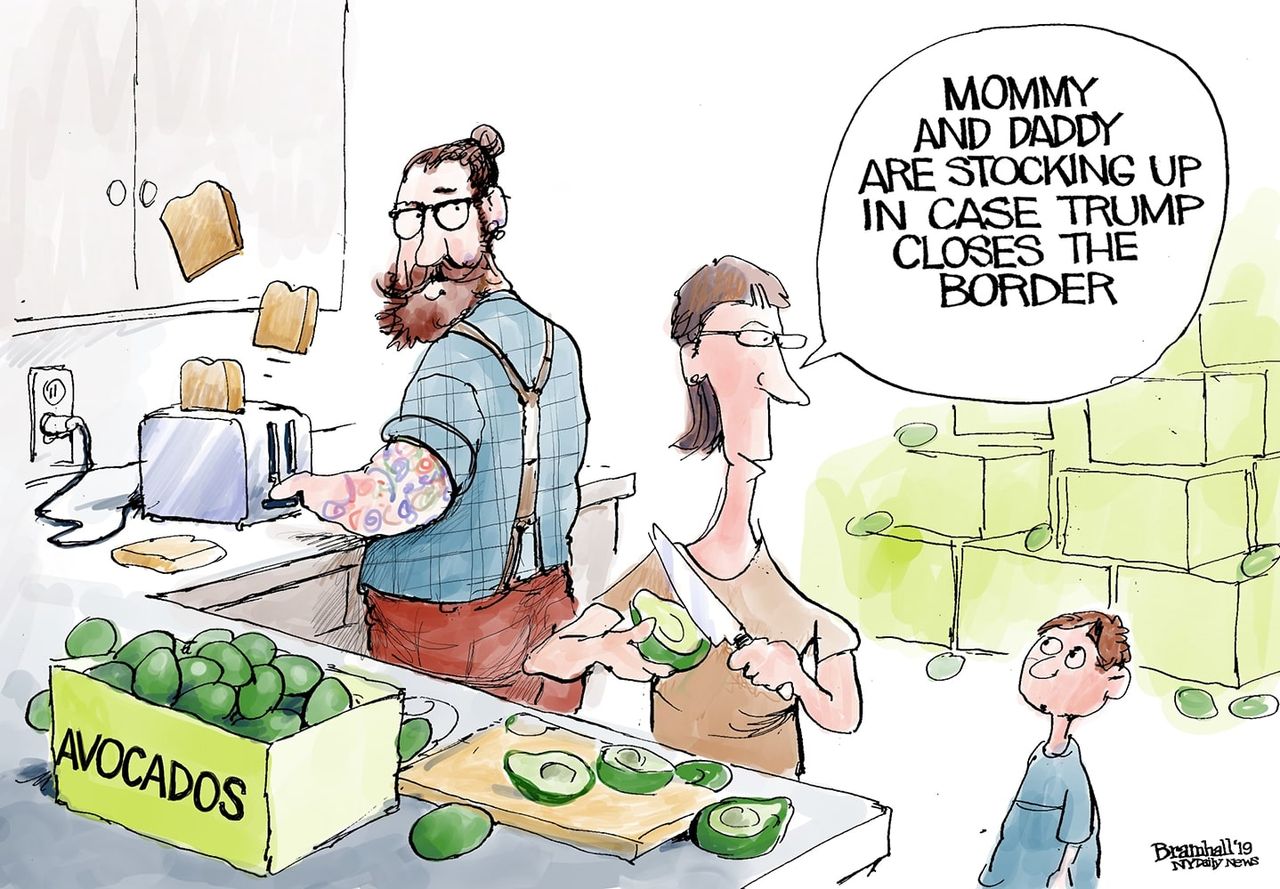 Political Cartoon U.S. Mexico border Security Trump Avocado shortage
