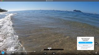 A screenshot of Gopro footage of a beach, showing the on-screen prompt to enable Hypersmooth Pro stabilisation