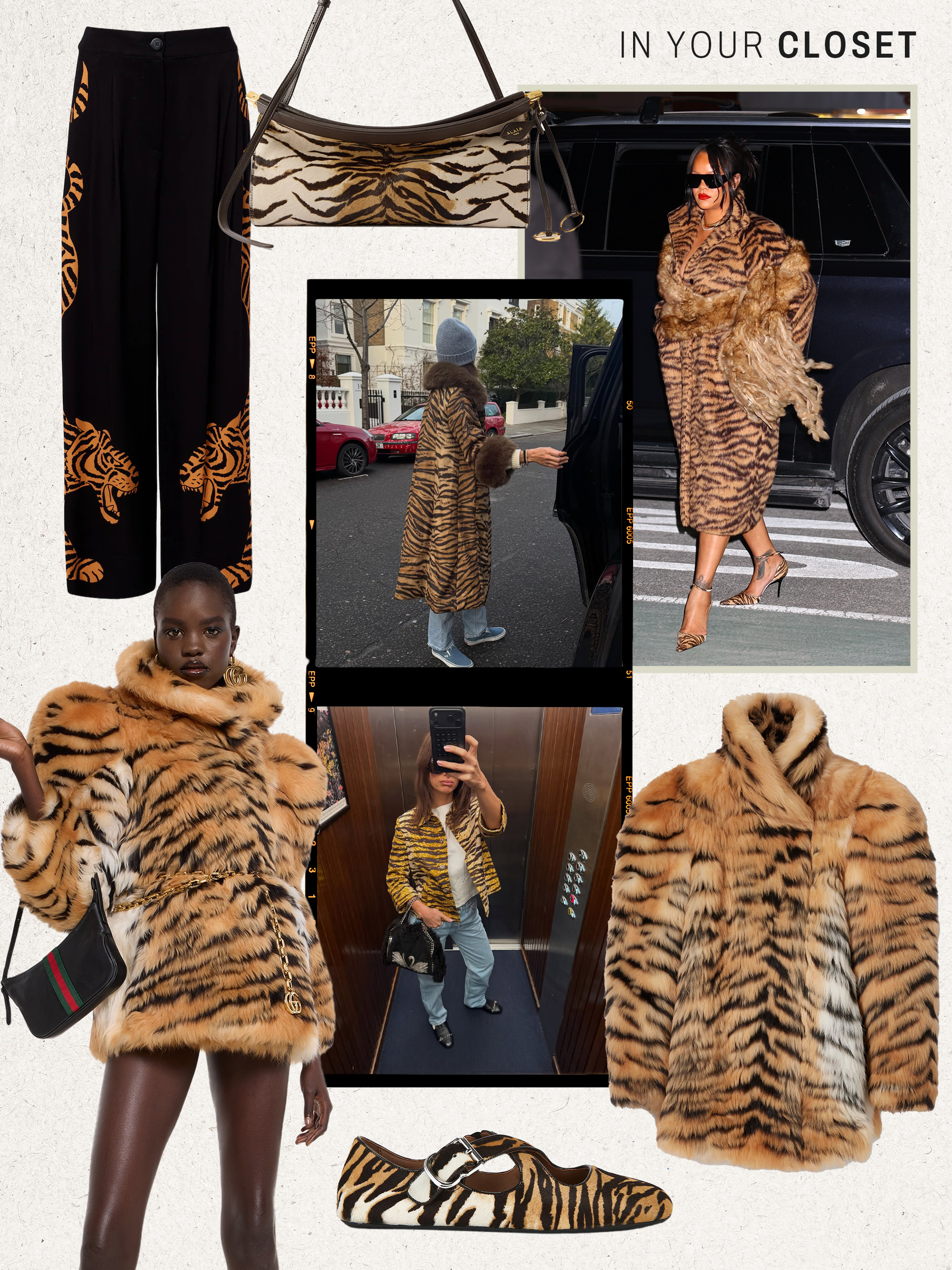 a collage of tiger-printed fashion and home items