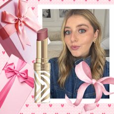 valentine's day background theme with a beauty gift of lipstick on top next to a girl with blonde hair
