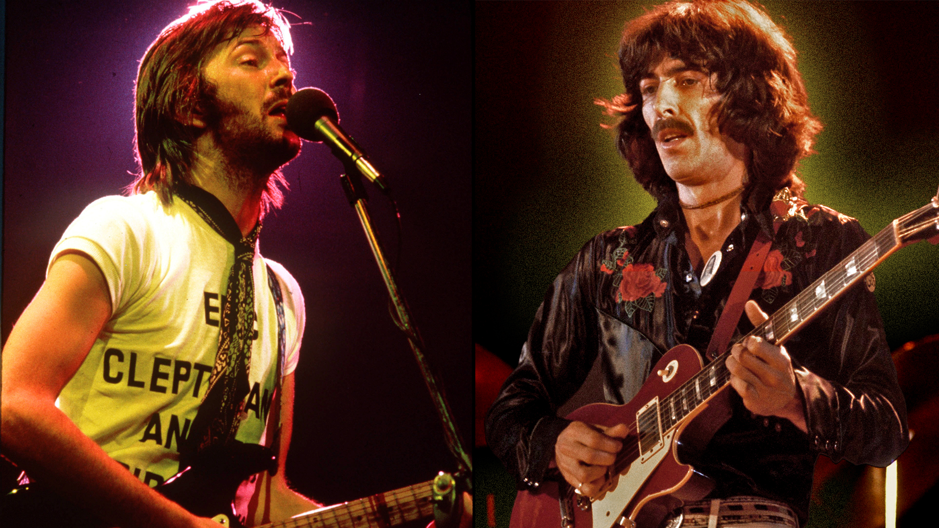 LEFT: Eric Clapton performing onstage in Philadelphia during his US tour, July 1974.RIGHT: George Harrison performing at The Cow Palace in Daly City, California on November 7, 1974.