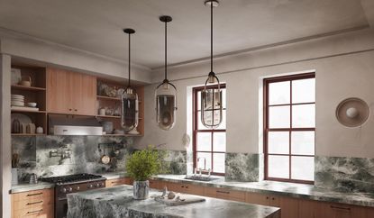 A kitchen with limewash walls and marble counter