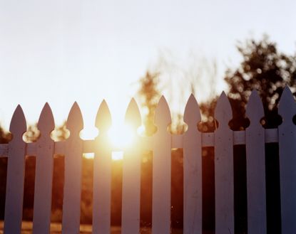 white picket fence with the sun peeking through