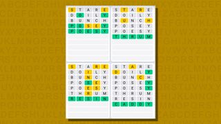 Quordle daily sequence answers for game 768 on a yellow background
