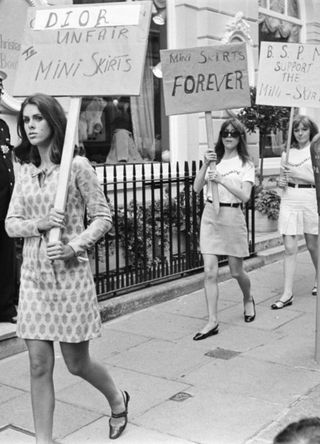 Mini Skirt advocates demonstrate outside of Christian Dior. 6th September 1966.