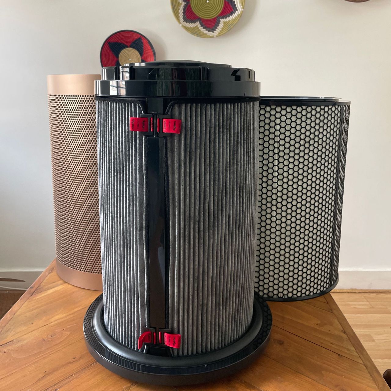 Dyson Purifier Big+Quiet Formaldehyde filters sitting on a wooden table