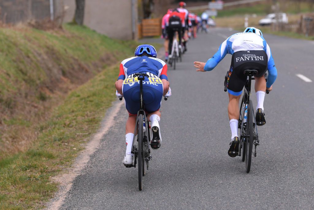 LA CTESAINTANDR FRANCE MARCH 12 Adrien Petit of France and Team Total Direct Energie Hugo Hofstetter of France and Team Israel StartUp Nation during the 78th Paris Nice 2020 Stage 5 a 227 km stage from Gannat to La CteSaintAndr on ParisNice parisnicecourse PN March 12 2020 in La Cote France Photo by Luc ClaessenGetty Images