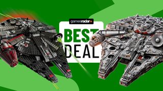 Lego Dark Falcon and Lego UCS Millennium Falcon on either side of a &#039;best deal&#039; badge, all against a green background