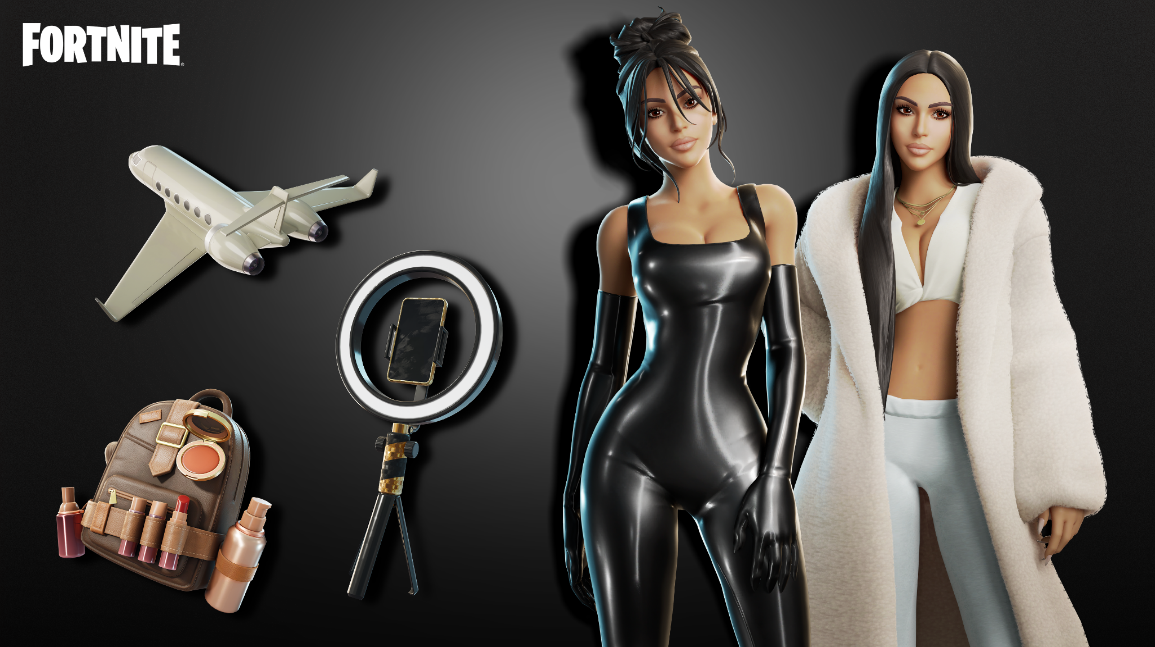 Kim Kardashian Fortnite Outfits next to an assortment of accessories.