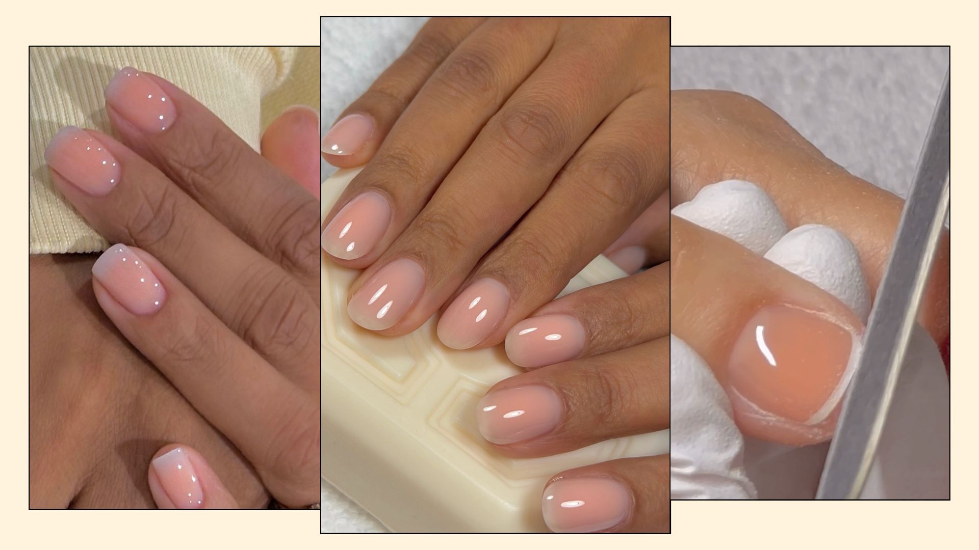 A collage with three photos of peachy milky manicures with sheer peach-toned nail polish
