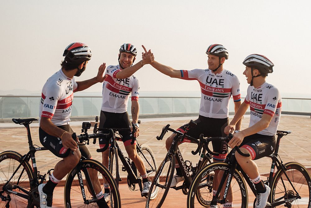 Fernando Gaviria, Alexander Kristoff, Tadej Pogacar and Diego Ulissi at the UAE Team Emirates training camp