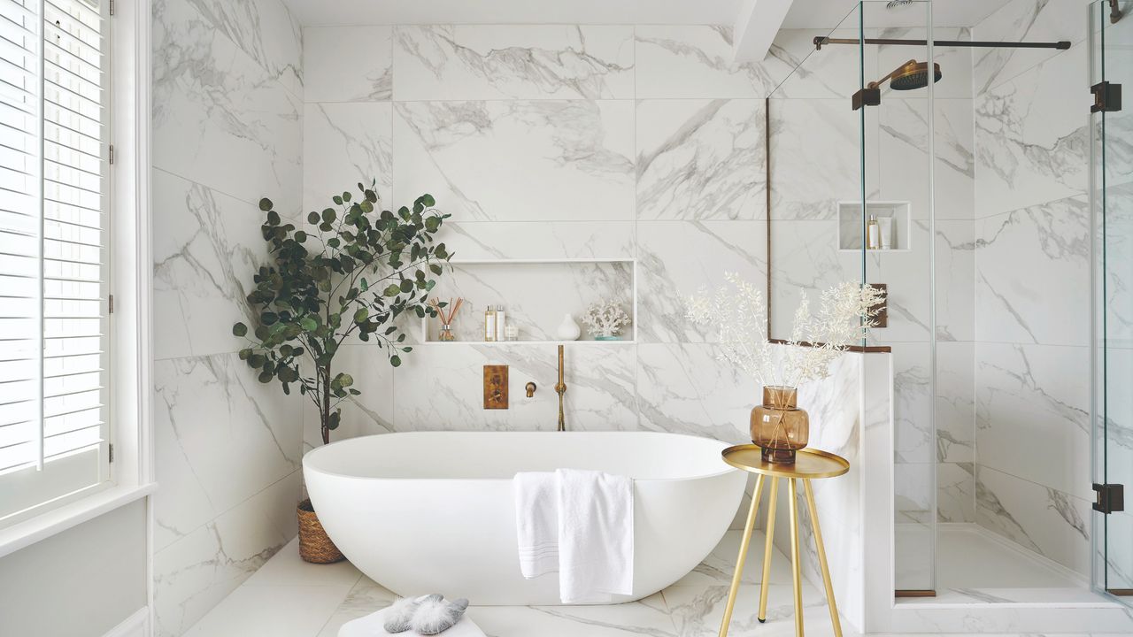 White bathroom with bathtub and shower