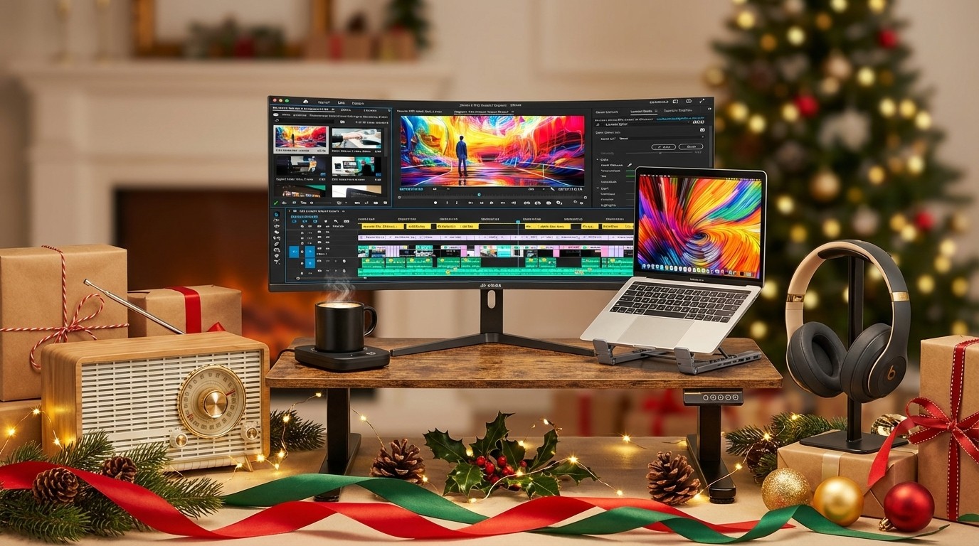 A collection of office accessories including curved monitor, radio and headset stand, surrounded by Christmas decorations