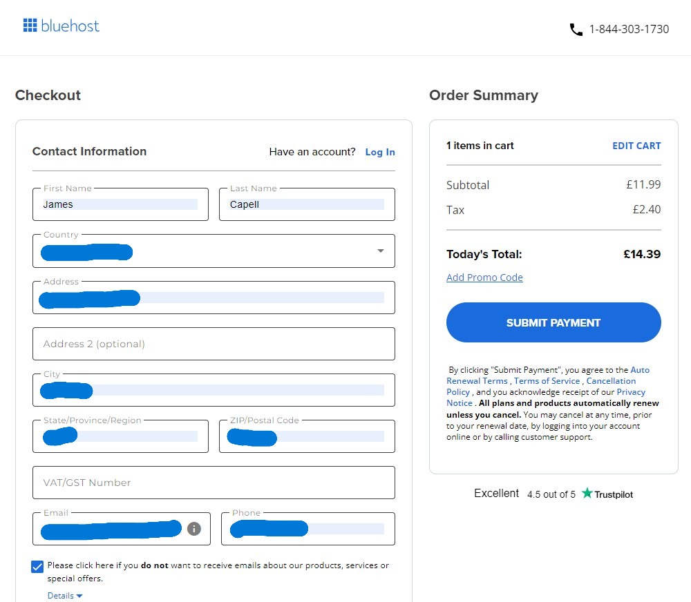 An image of the checkout cart for Bluehost
