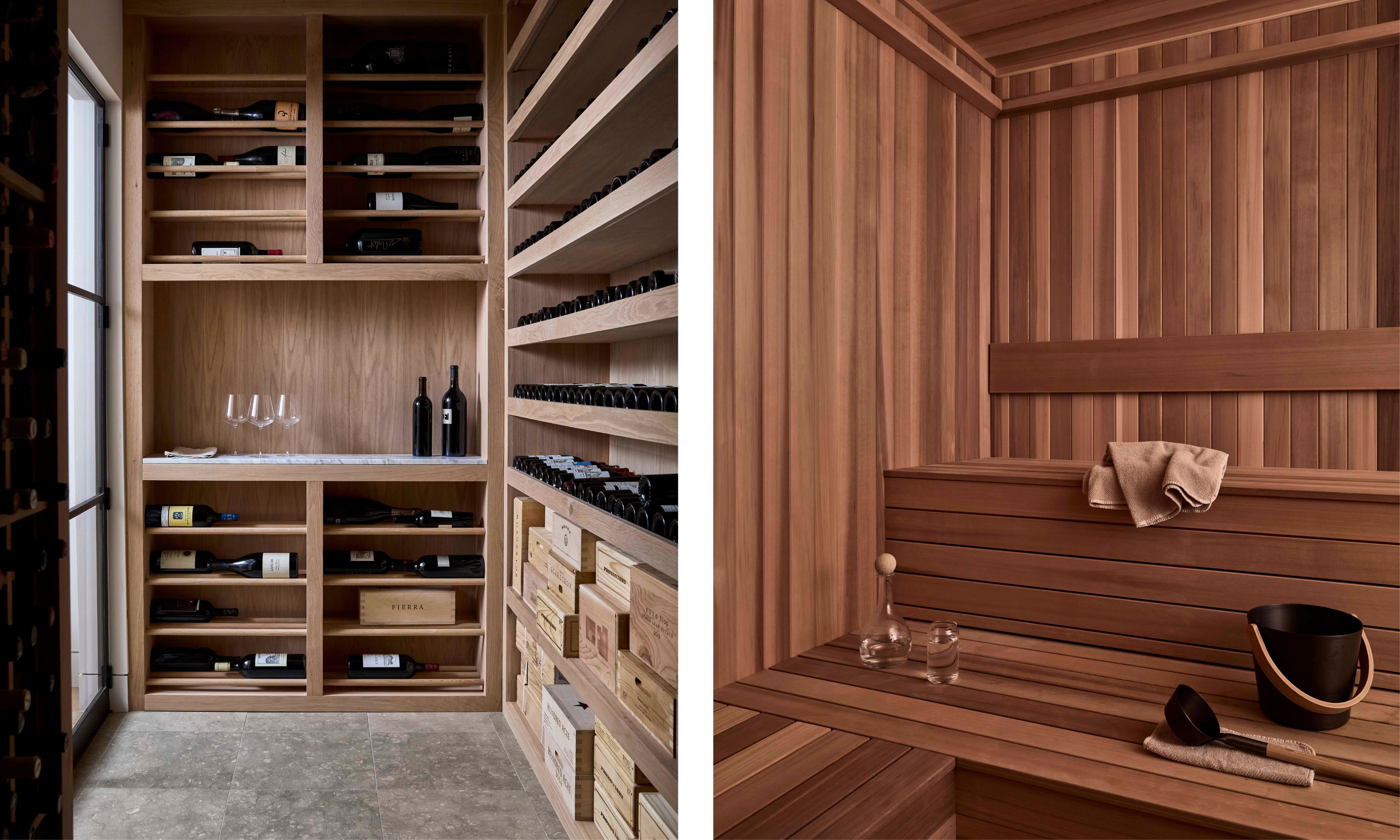 two side by side images of a wine cellar and sauna
