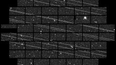 A series of gray squares with white dots and streaks across them.