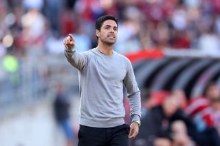 Arsenal manager Mikel Arteta reacts during the pre-season friendly match between 1. FC Nürnberg and Arsenal F.C. at Max-Morlock-Stadion on July 08, 2022 in Nuremberg, Germany.