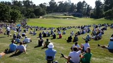 Fans sit on grass watching the US Open
