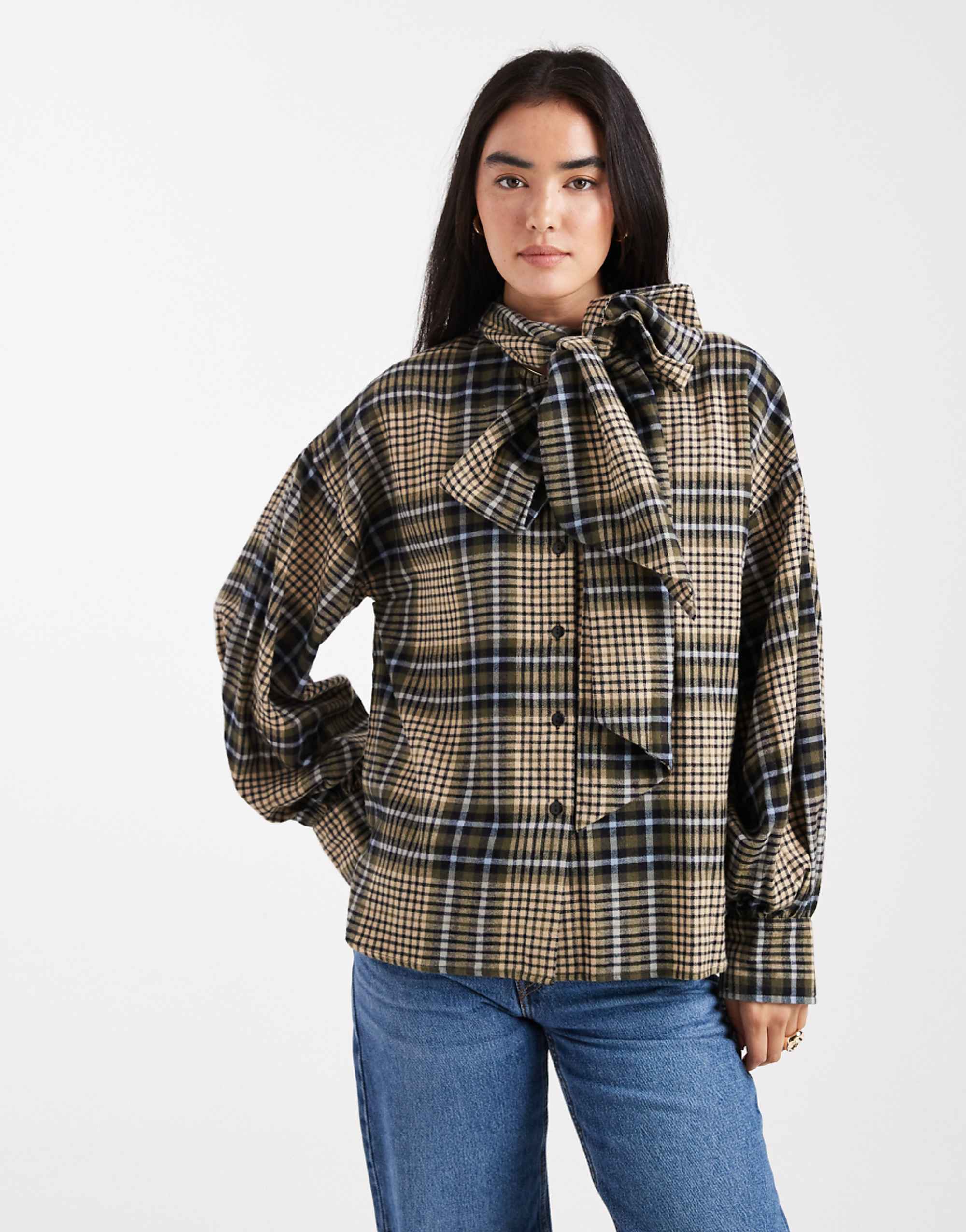 Asos Design Bow Neck Oversized Shirt in Brushed Check
