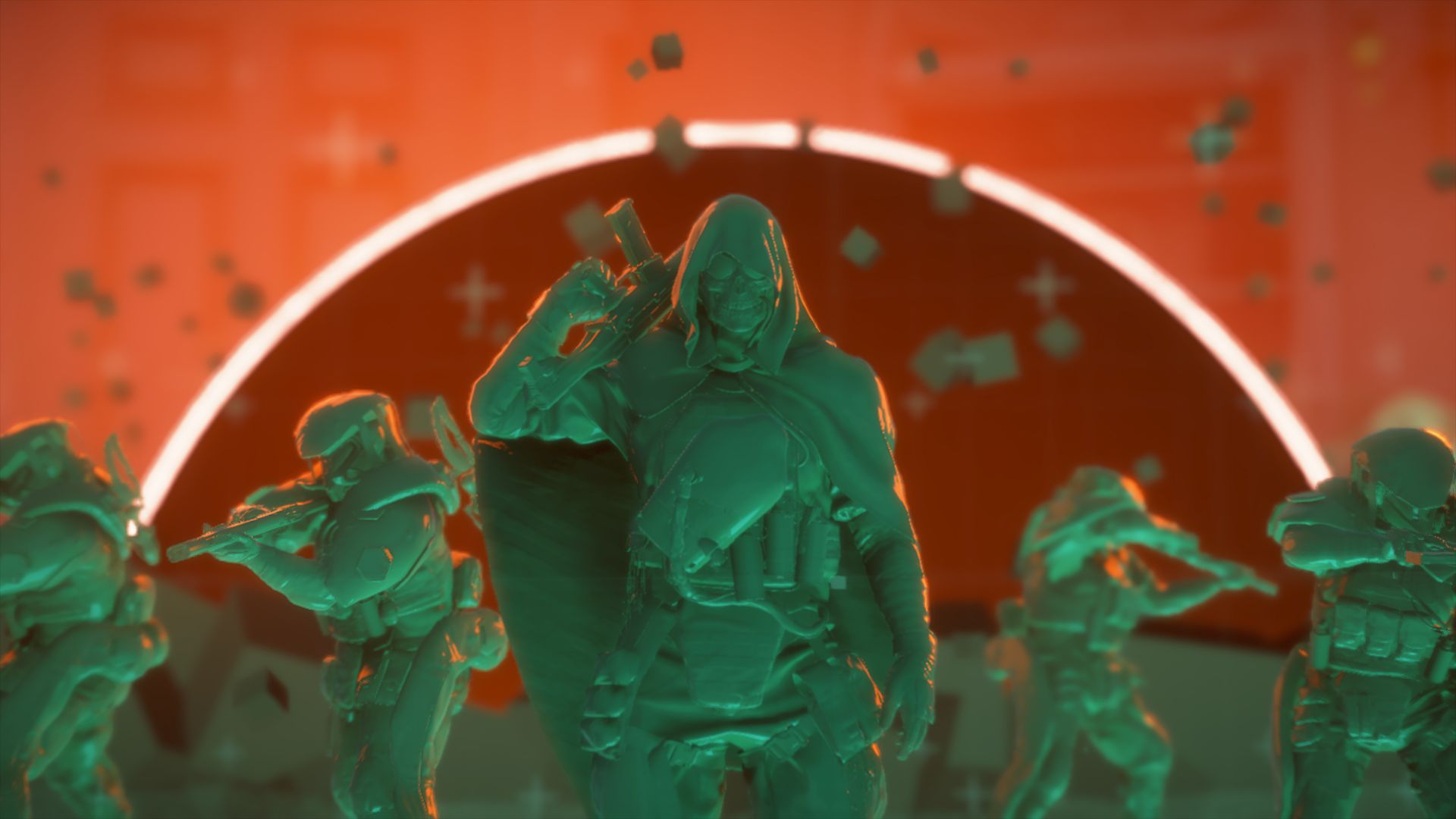 Green toy soldiers led by a man in a skull mask