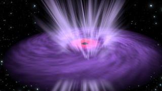 This artist's concept illustrates a supermassive black hole with X-ray emission emanating from its inner region (pink) and ultrafast winds (light purple lines) streaming from the surrounding disk.
