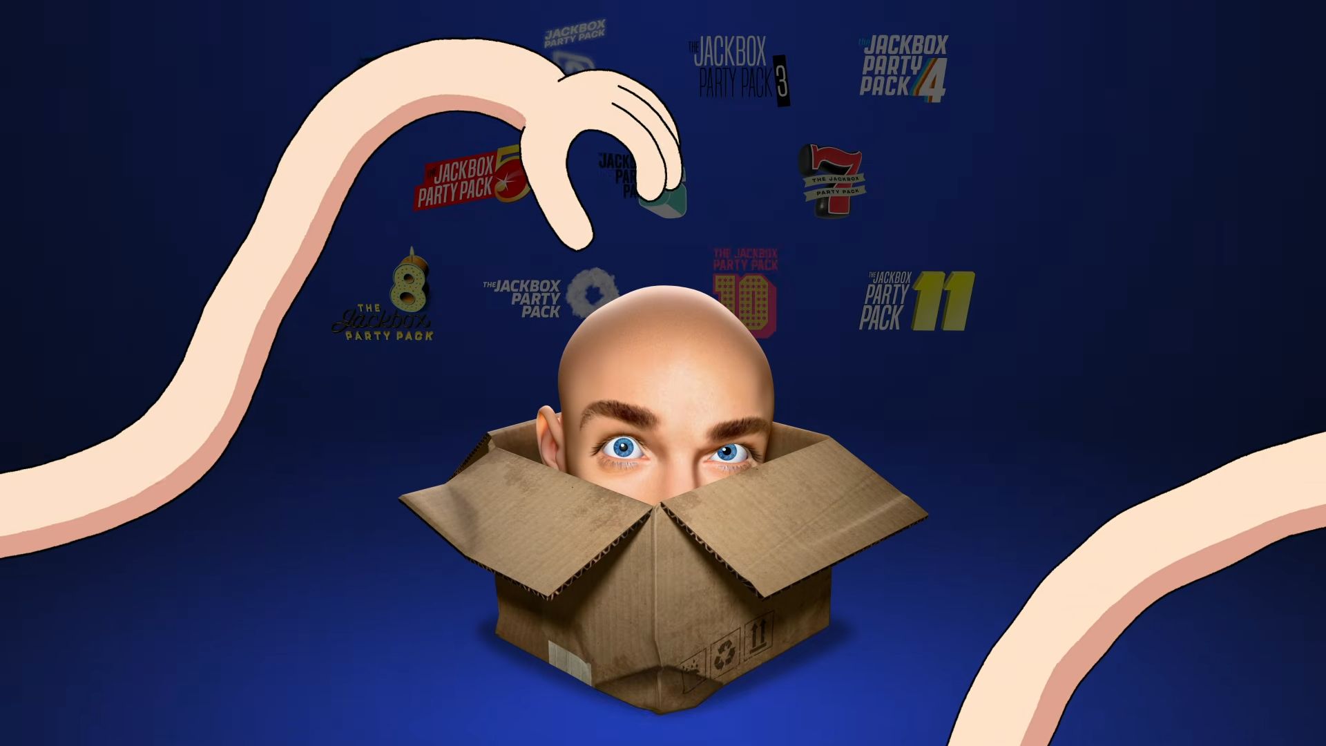 A cartoon arm prepares to shove Jack's bald head back in the box