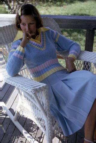 70s fashion - blue sweater and skirt