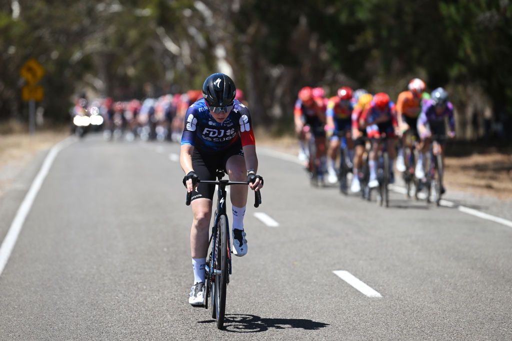 WILLUNGA HILL AUSTRALIA JANUARY 18 Marie Le Net of France and Team FDJSuez attacks in the breakaway during the 9th Santos Womens Tour Down Under 2025 Stage 2 a 115km stage from Unley to Willunga Hill 370m on January 18 2025 in Willunga Hill Australia Photo by Dario BelingheriGetty Images