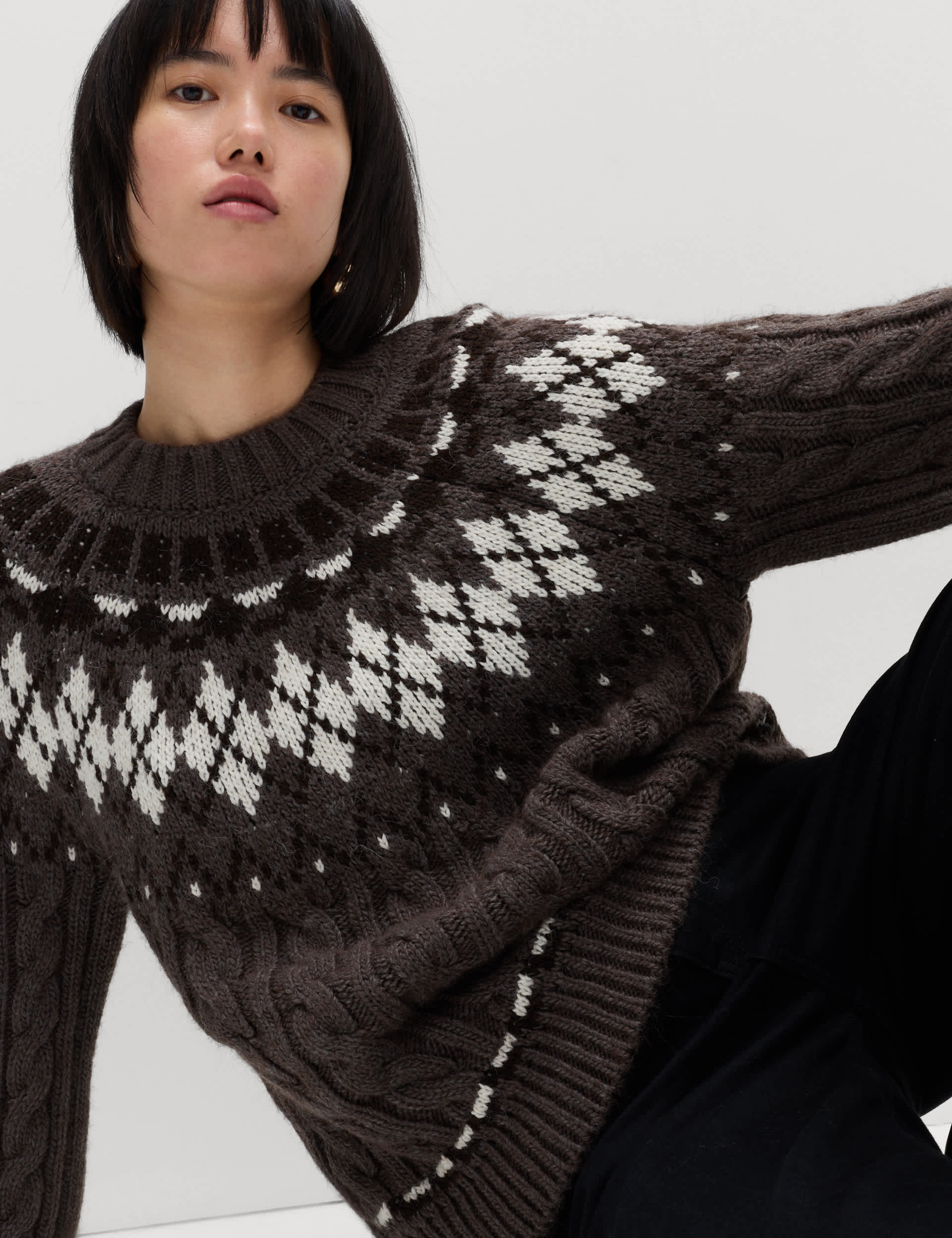 Cable Knit Fair Isle Crew Neck Jumper