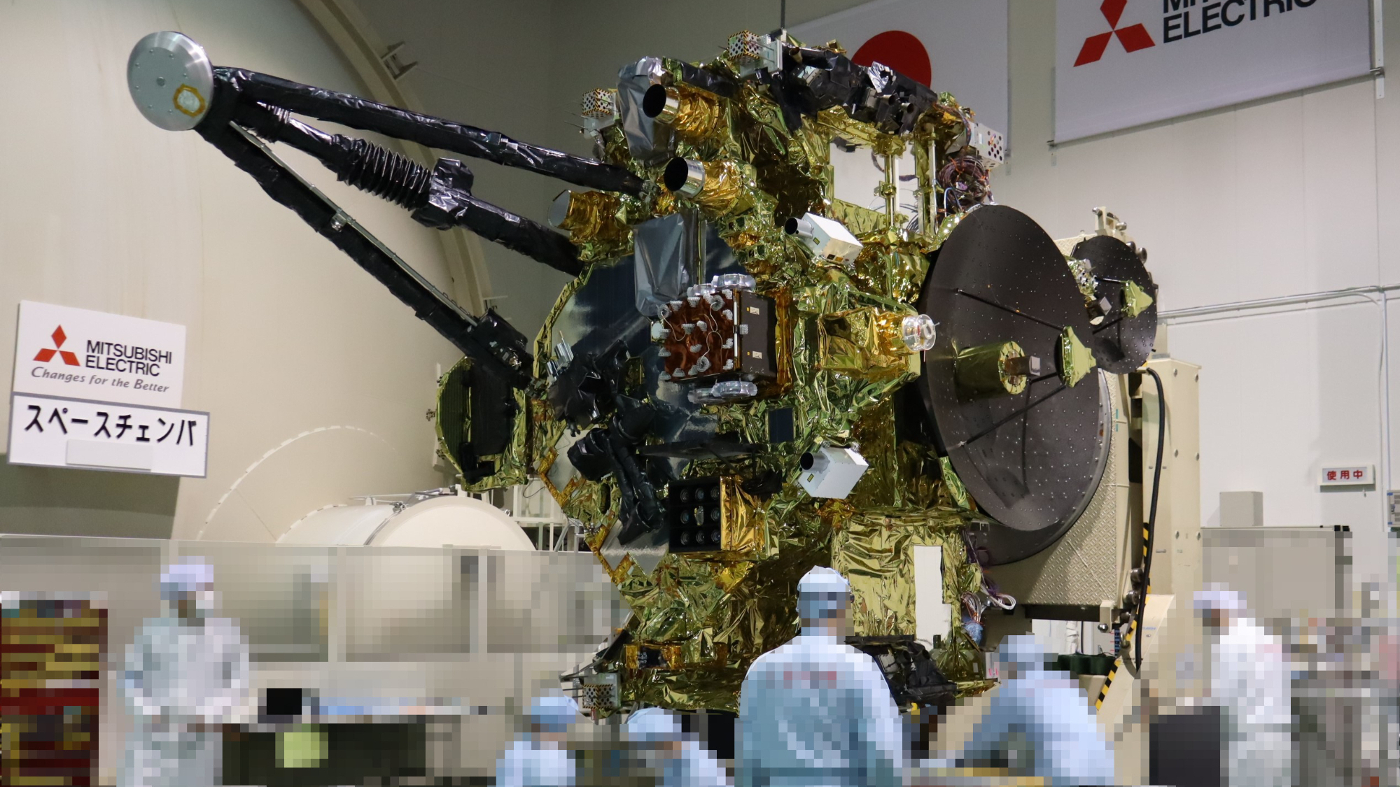 Engineers conduct a thermal vacuum test with JAXA&#039;s MMX Mars moon sample-return spacecraft. JAXA posted this image on X on May 15, 2025.