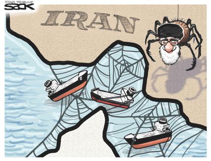 Political Cartoon U.S. Iran Rouhani Spiderweb Strait of Hormuz Oil
