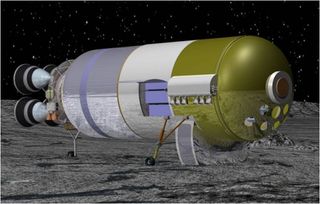 Artist's illustration of ULA's XEUS tanker touching down on the moon. XEUS would transport fuel processed from very rich ice fields at the lunar poles.