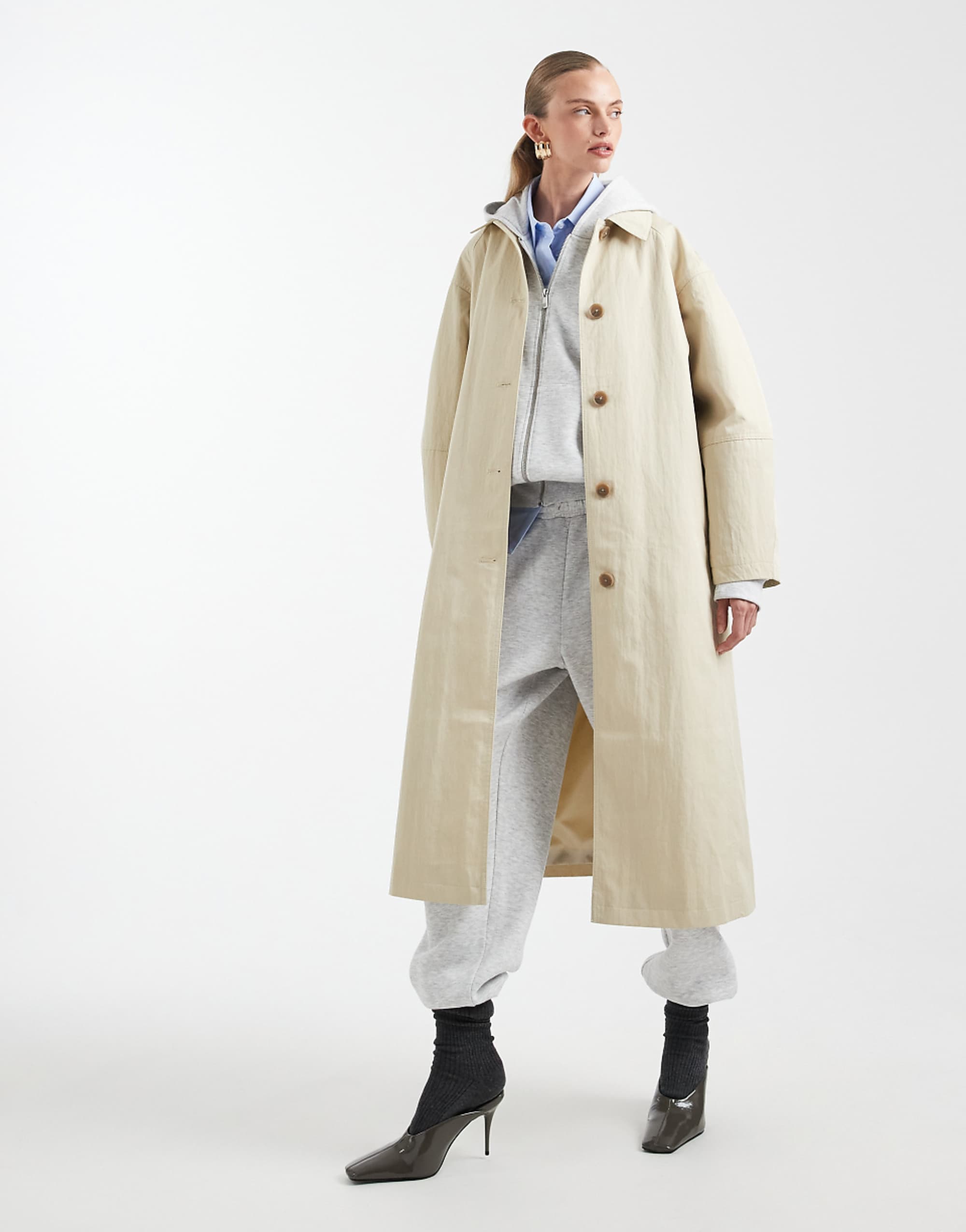 Asos Design Longline Trench Coat With Pleat Detail in Stone