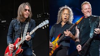 LEFT: Charlie Starr of Blackberry Smoke performs at the 2019 Bourbon & Beyond Music Festival September 20, 2019 in Louisville, Kentucky. RIGHT: Kirk Hammett (L) and James Hetfield of Metallica perform at Festival d'ete de Quebec on July 14, 2017 in Quebec City, Canada.