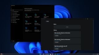 Windows interface displaying Windows Security dashboard and Microsoft Defender alerts.
