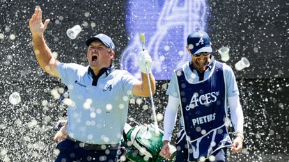 Patrick Reed celebrates his hole-in-one at LIV Golf Adelaide